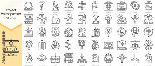 Simple Outline Set of Project Management Icons. Thin Line Collection contains such Icons as agile, analysis, appreciations, brainstorm, budget spending and more photo
