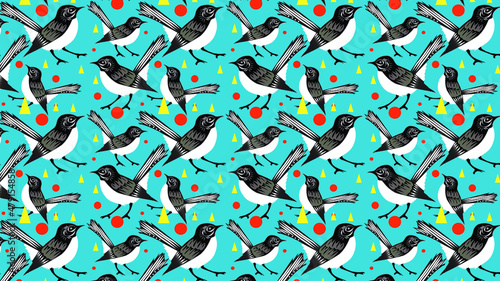Willy Wagtail bird fun bright background pattern. Repeating pattern on blue green background. photo