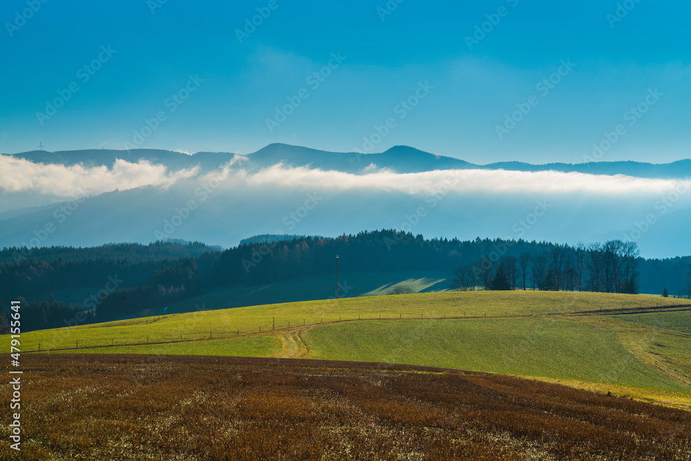 Germany, Black forest mountains panorama nature landscape misty clouds in valley on sunny day in tourism region perfect for hiking