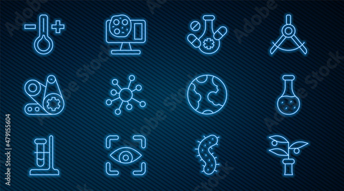 Set line Plant breeding, Test tube, Medicine pill, Molecule, Timing belt kit, Thermometer, Earth globe and Genetic engineering icon. Vector