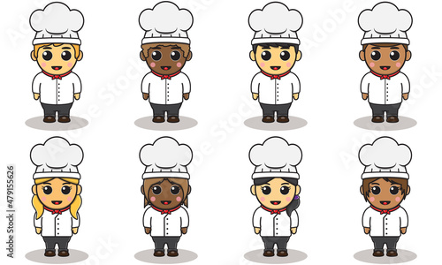 Vector illustration of boy and girl chef in white hat. Characters set of children cooks. Happy cute Kid chef character wearing chef outfit with cheerful expression.