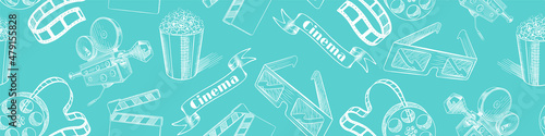 Vintage cinema sketchy seamless pattern. Retro film background. Vector illustration.