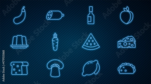 Set line Taco with tortilla, Cheese, Tabasco sauce, Carrot, Jelly cake, Eggplant, Watermelon and Salami sausage icon. Vector