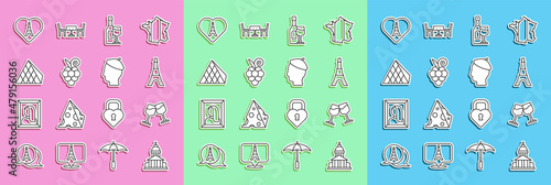 Set line Museum building, Wine glass, Eiffel tower, bottle with, Grape fruit, Louvre pyramid, heart and French man icon. Vector