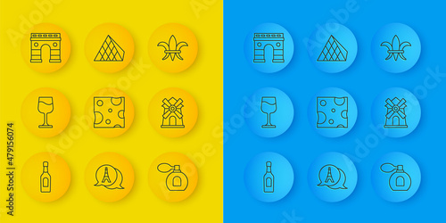 Set line Champagne bottle, Wine glass, Cheese, Perfume, Windmill, Triumphal Arch, Fleur De Lys and Louvre pyramid icon. Vector