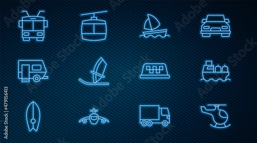 Set line Helicopter, Oil tanker ship, Yacht sailboat, Windsurfing, Rv Camping trailer, Trolleybus, Taxi car roof and Cable icon. Vector
