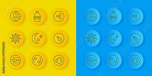 Set line Pisces zodiac, Sun, Moon and stars, Water drop, Venus symbol, Eclipse of the sun, Windy weather and Bottle water icon. Vector