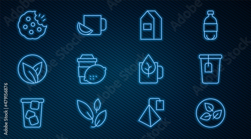 Set line Tea leaf, Cup with tea bag, Paper package for milk, of lemon, Cookie biscuit, and icon. Vector