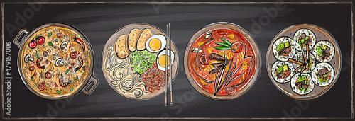 Ramen, kimbap, fried rice and soup - chalk hand drawn asian food dishes