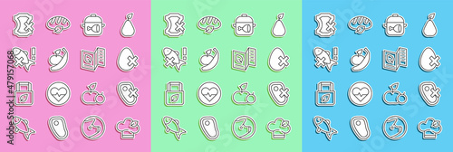 Set line Vegan food diet, No meat, egg, Cooking pot and chicken leg, Apple banana, fish, leather and Vegetarian menu icon. Vector