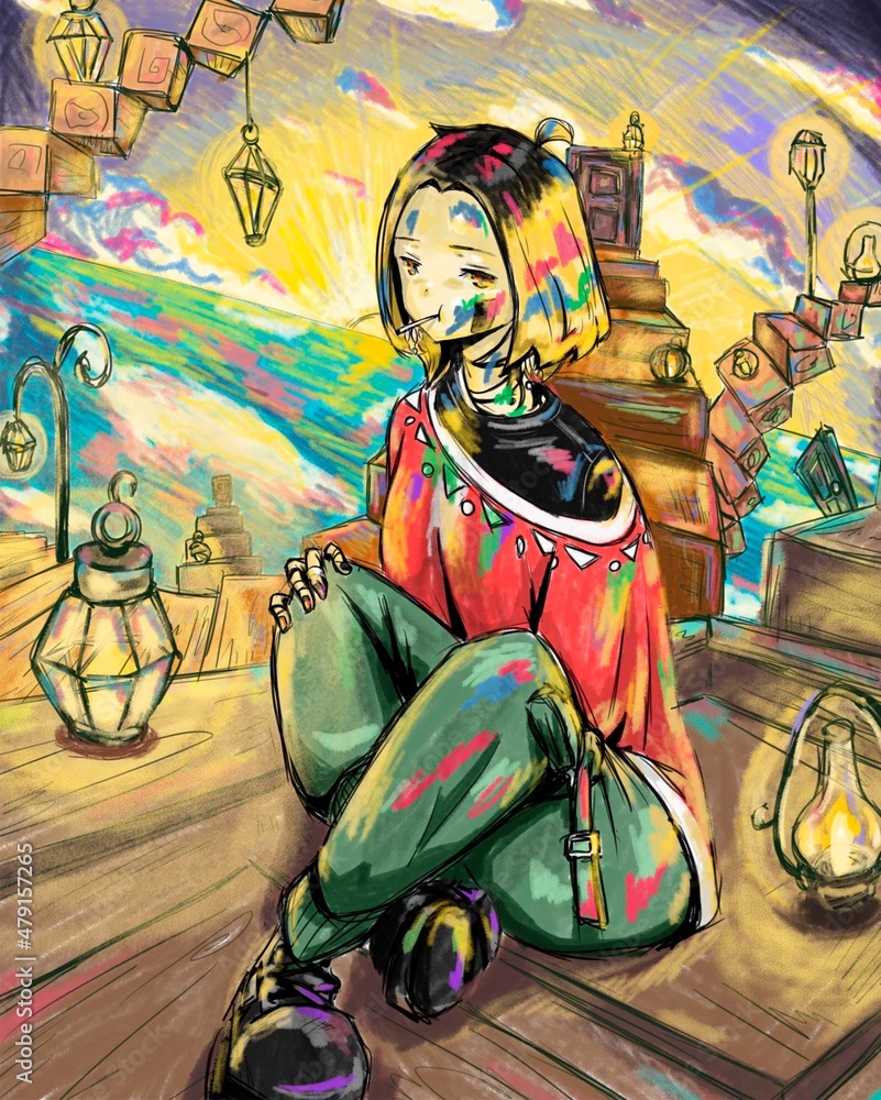 A girl on the background of sunset sitting on the door. In the background is the sea, stairs with doors and lanterns.