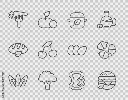 Set line Leaf, Vegan food diet, Broccoli, Carrot, Fresh berries, No leather and Acorn icon. Vector