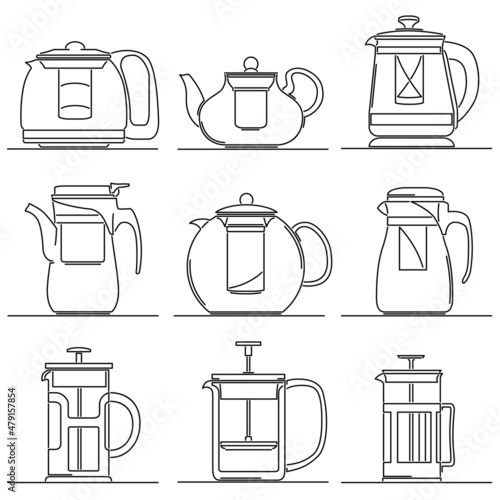 Set of simple vector images of modern glass teapot with strainer (tea mesh infuser) drawn in art line style.