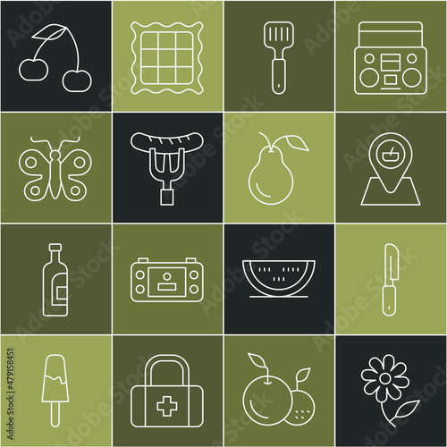 Set line Flower, Knife, Picnic location, Spatula, Sausage the fork, Butterfly, Cherry and Pear icon. Vector