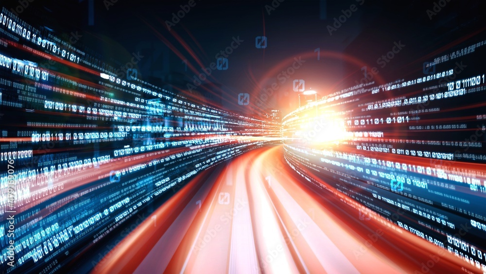 Digital data flow on road in concept of cyber global communication and coding with graphic creating vision of fast speed transfer to show agile digital transformation , disruptive innovation . - obrazy, fototapety, plakaty 
