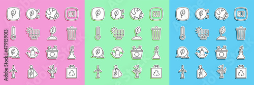 Set line Shopping bag with recycle, Plant breeding, Trash can, Earth globe and leaf, Solar energy panel, Thermometer, Leaf Eco symbol and Sprout icon. Vector