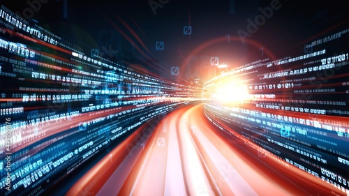 Digital data flow on road in concept of cyber global communication and coding with graphic creating vision of fast speed transfer to show agile digital transformation , disruptive innovation .