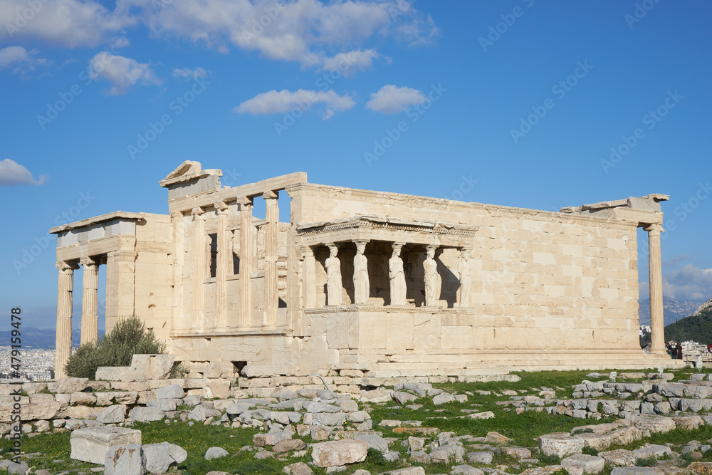 The Erechtheion's south porch, whose roof, instead of being supported on columns, lean on the heads of six statues, the Caryatids.