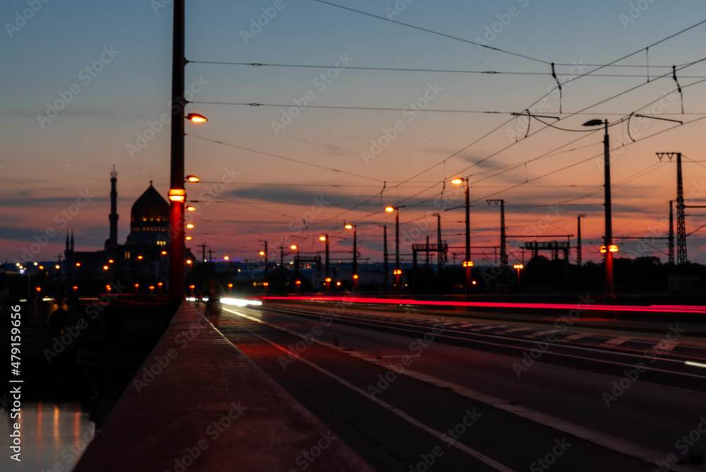 Long time exposure of traffic through Dresden, Yenidze in background