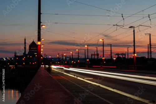 Long time exposure of traffic through Dresden, Yenidze in background © Clara