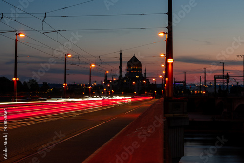Long time exposure of traffic through Dresden  Yenidze in background