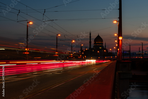 Long time exposure of traffic through Dresden, Yenidze in background