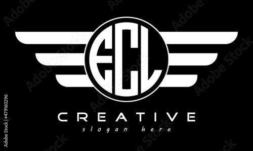 ECL three letter monogram type circle letter logo with wings vector template.