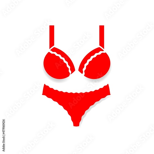 Female lingerie or swimsuit colored icon. Red bra and panties with lace edge. Women underwear. Flat isolated symbol, sign for illustration, logo, app, banner, web design, dev, ui, gui. Vector EPS 10