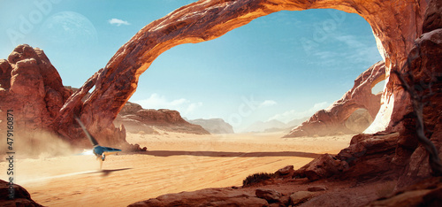 Print op canvas Fantastic Sci-fi landscape of a spaceship on a sunny day, flying over a desert with amazing arch-shaped rock formations