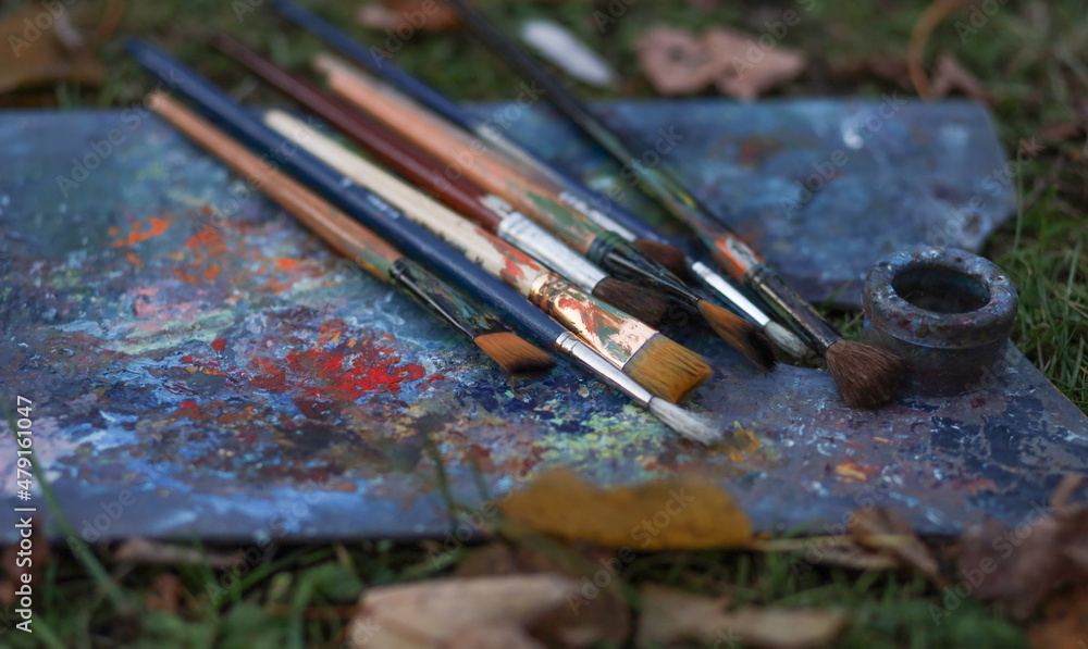 09.10.2021, Russia, St. Petersburg, park, depicts a palette with paints and wooden brushes, lies on the grass among the leaves. Creativity, art, creative, creative people, hobbies.