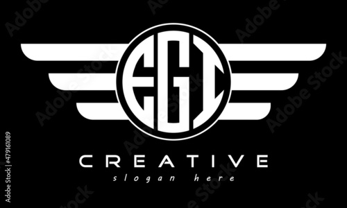 EGI three letter monogram type circle letter logo with wings vector template.