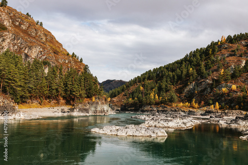 Mountain river surrounded by high rocks in Altai