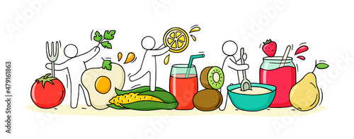 Happy people with fresh vegetables and fruits.