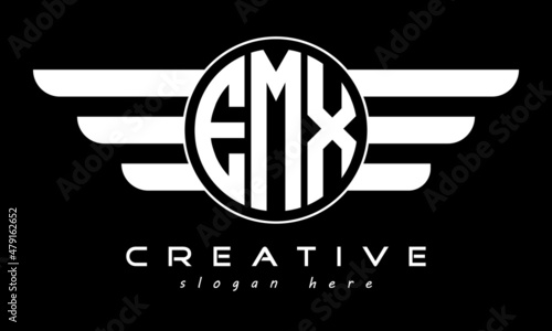 EMX three letter monogram type circle letter logo with wings vector template. photo