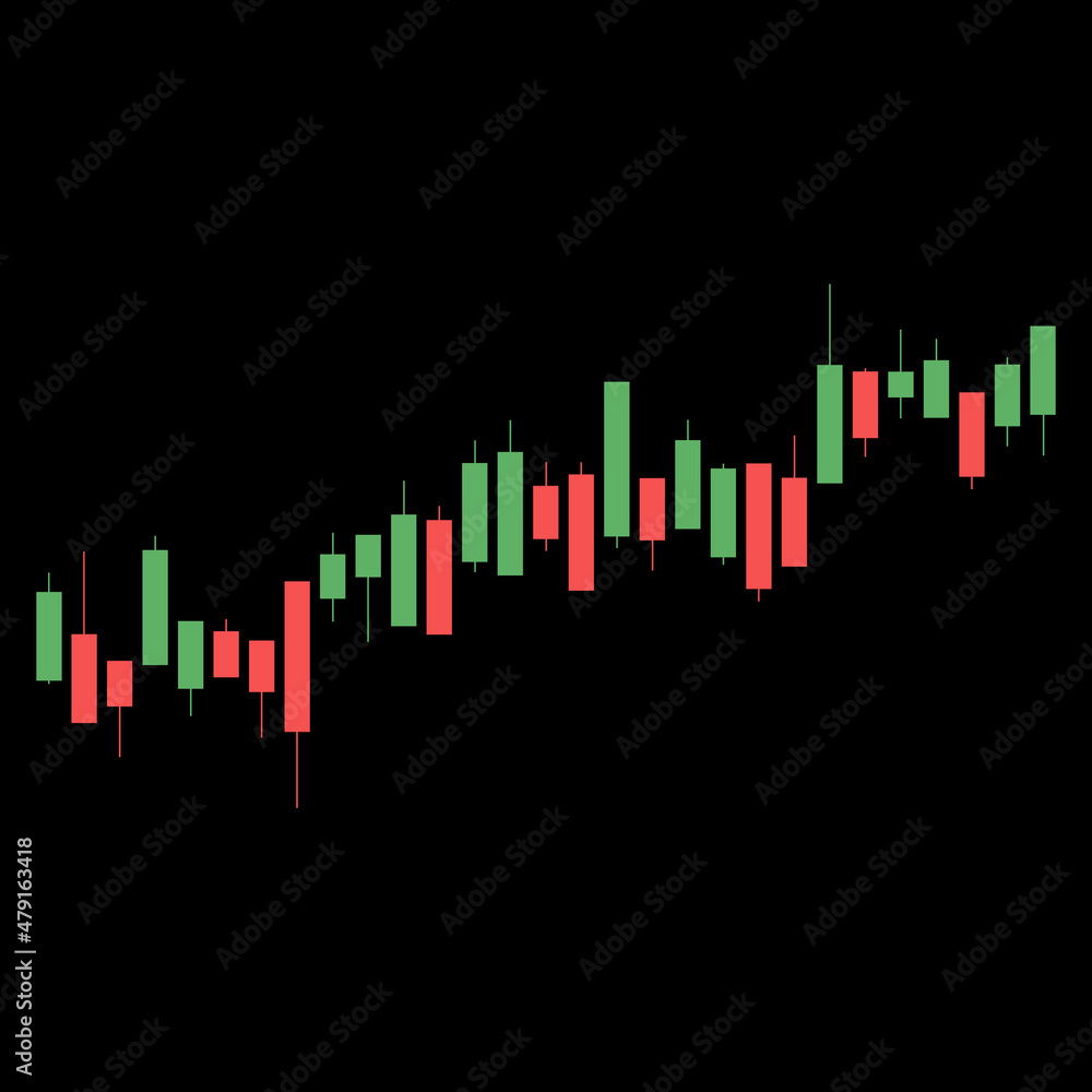 Bitcoin stock graph - candle stick graph chart of stock market cryptocurrency trading. Dark background. Cryptocurrency Coin Trading Chart. Abstract green and red candlestick financial chart. Vector
