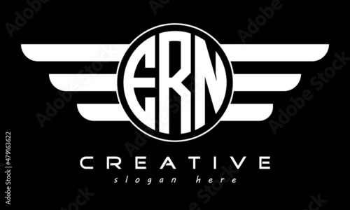 ERN three letter monogram type circle letter logo with wings vector template.