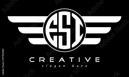 ESI three letter monogram type circle letter logo with wings vector template.