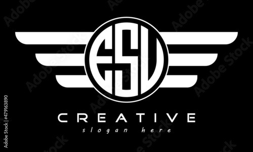 ESU three letter monogram type circle letter logo with wings vector template. photo