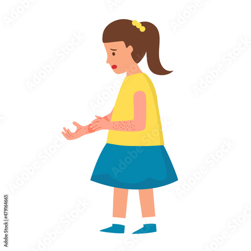 Girl child scratching her arm. Kids suffering from strong allergy skin itchy symptom in flat design. Red rash skin irritation.