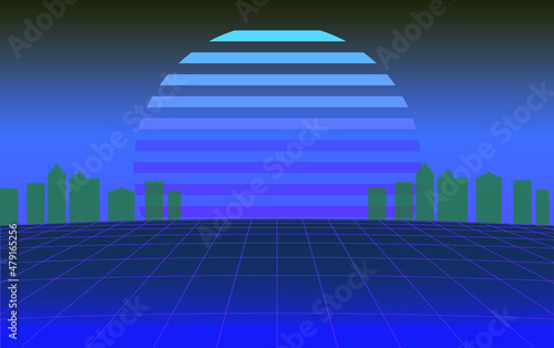 retrowave background with sunset, cyberpunk perspective grid and silhouettes of skyscrapers on the skyline, vector illustration
