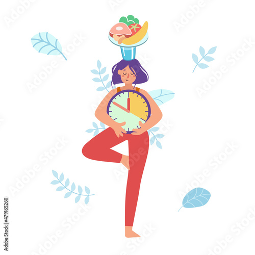 Girl stand balanced in  tree pose, holding glass of water and plate with healthy food on her head, and clock in her hands. Waiting for time to eat. Intermittent fasting. Yoga. Patience. Balance