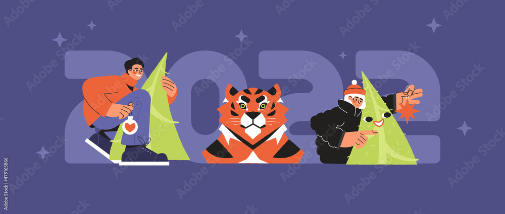 Fototapeta premium Flat vector banner with New Year concept. New Year characters with a tree and a tiger.