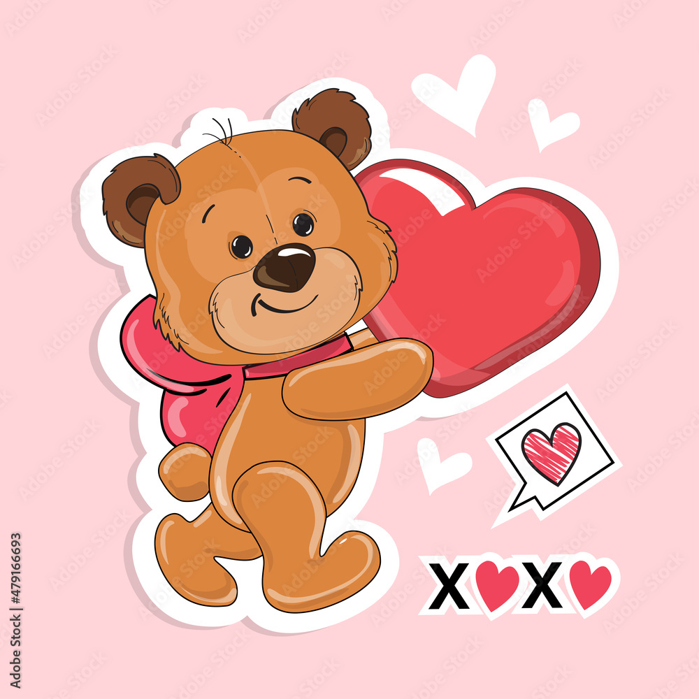 Valentine's day bear holding heart. Vector cartoon illustration. Fashion patch badges Sticker Valentine's day bear holding heart. Vector cartoon illustration. Fashion patch badges Sticker