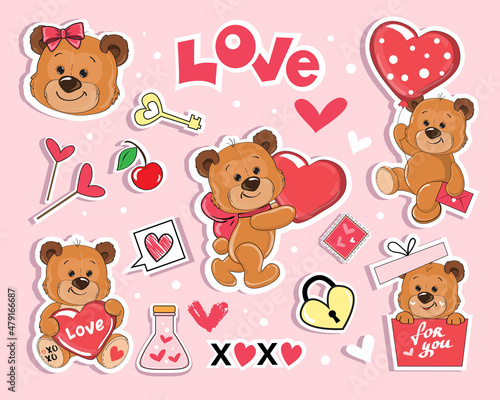 Set of funny bears, hearts and Valentines Day lettering on a pink background. Vector cartoon illustration of fashion patch badges