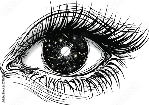 Isolated vector illustration of realistic human eye of a girl with universe of stars, comets, galaxies and deep black space iris.