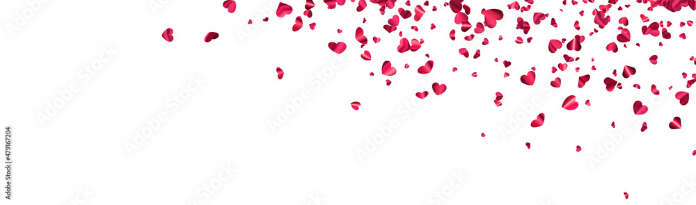 Pink foil hearts confetti on white banner background with space for text.