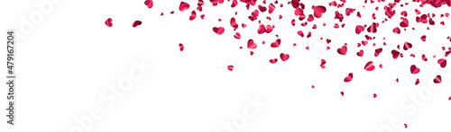Pink foil hearts confetti on white banner background with space for text.