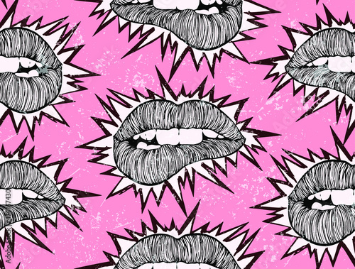 Vector black and white seamless pattern of punk lips. Hand drawn bitten lips in the style of the of punk flyers and posters with sharp spikes bursting out on pink background.