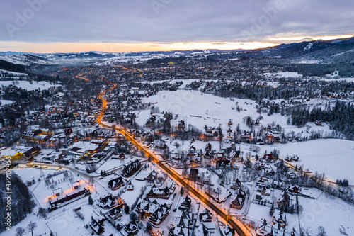 Famous Zakopane and Giewon Mount in Poland At Winter. Drone View