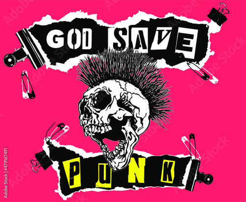God Save Punk. Screaming skull head with mohawk hair isolated on pink background. photo